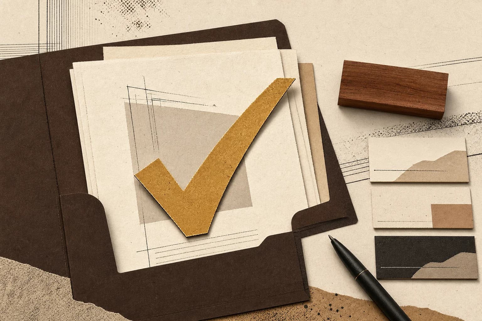 Editorial collage of project papers, a pen, and a golden approval mark