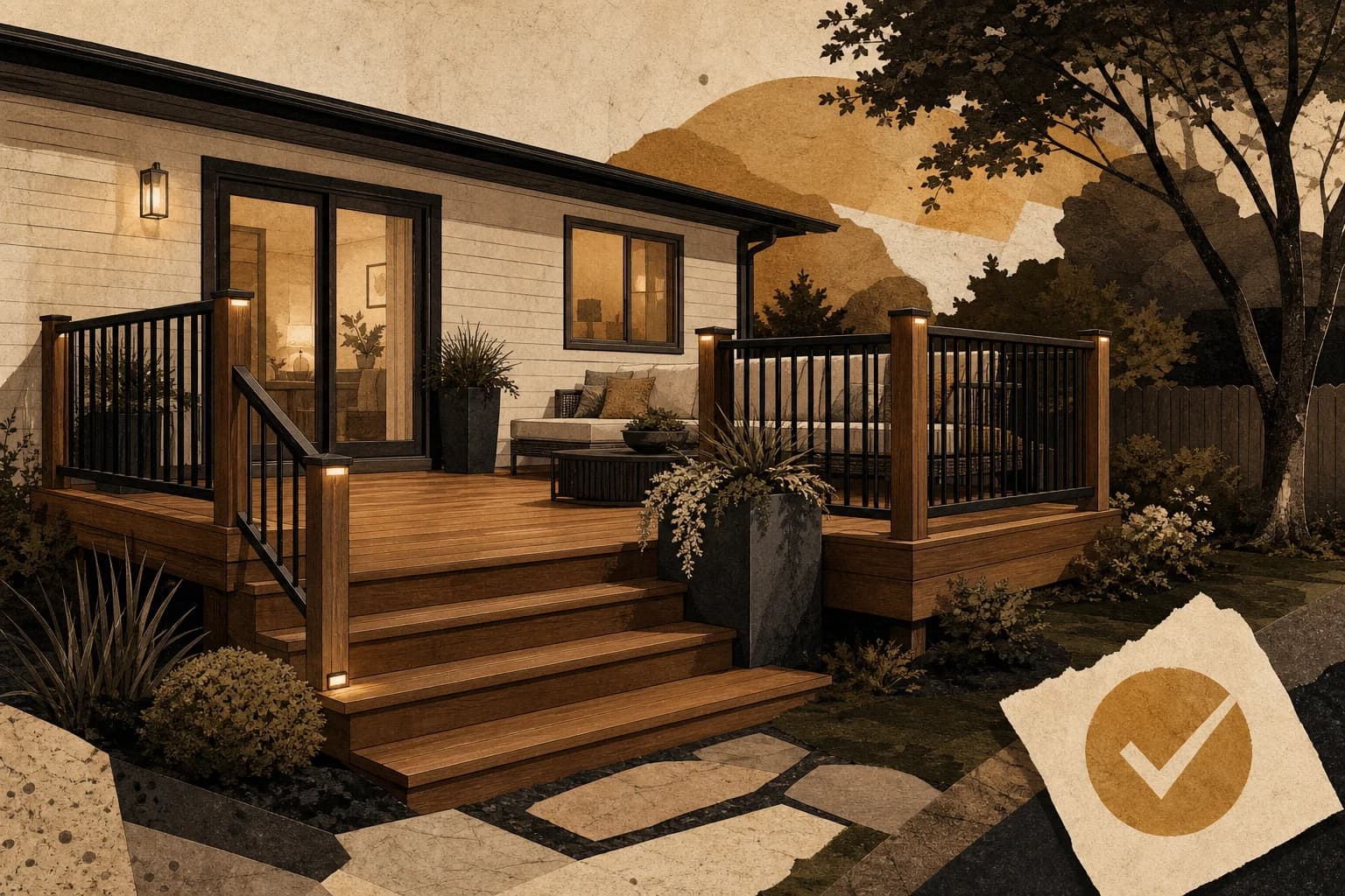 Editorial collage of a completed cedar deck and backyard at dusk