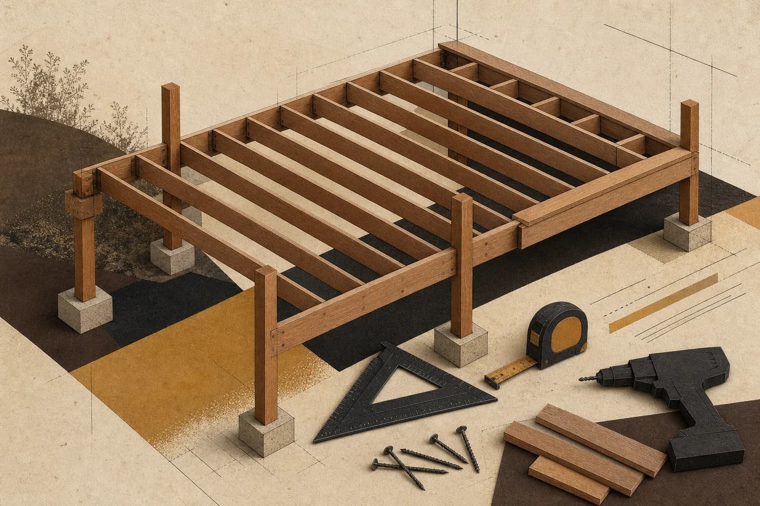 Editorial collage of deck framing, measuring tools, and construction hardware