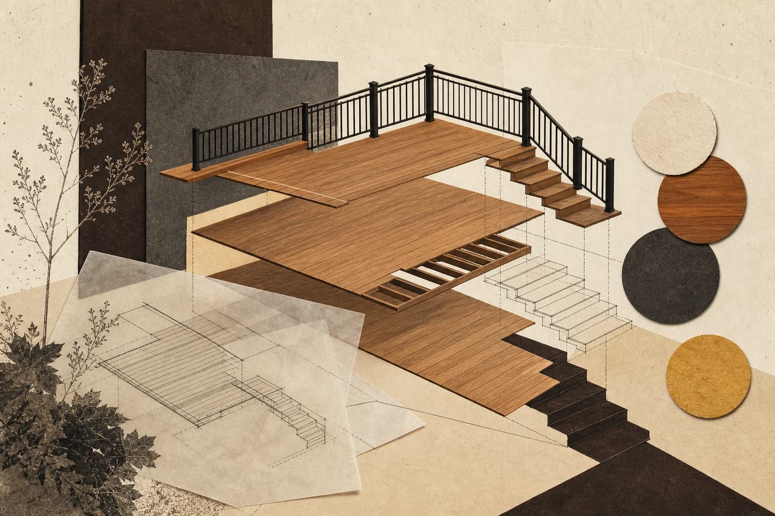 Editorial collage of an exploded deck design, railing details, and material swatches