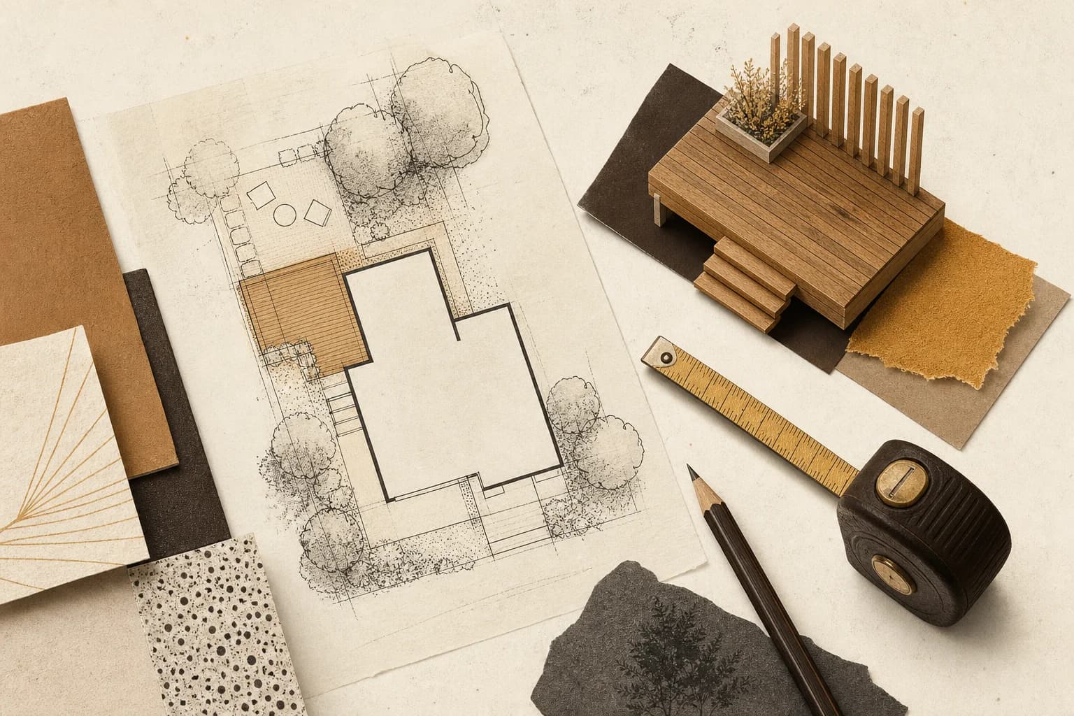 Editorial collage of a backyard plan, measuring tools, and a small deck model