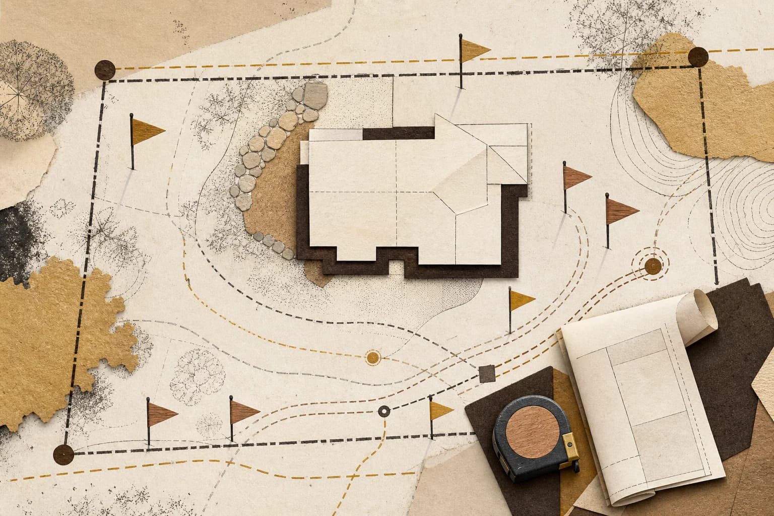 Editorial collage of a residential site plan, property boundaries, and utility markers